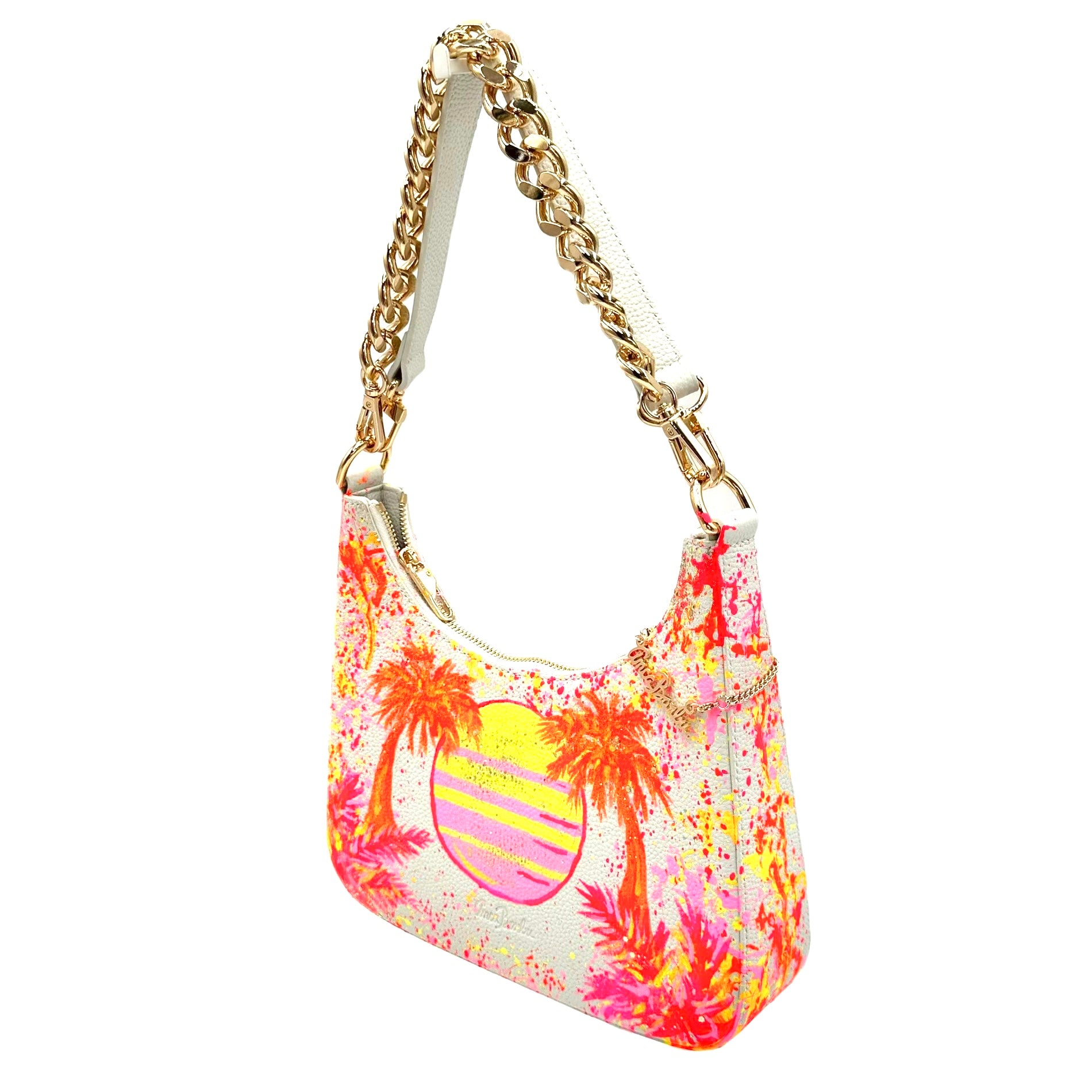 Anca Barbu Mika White Medium Bag - Orange Sunset and Palm Trees