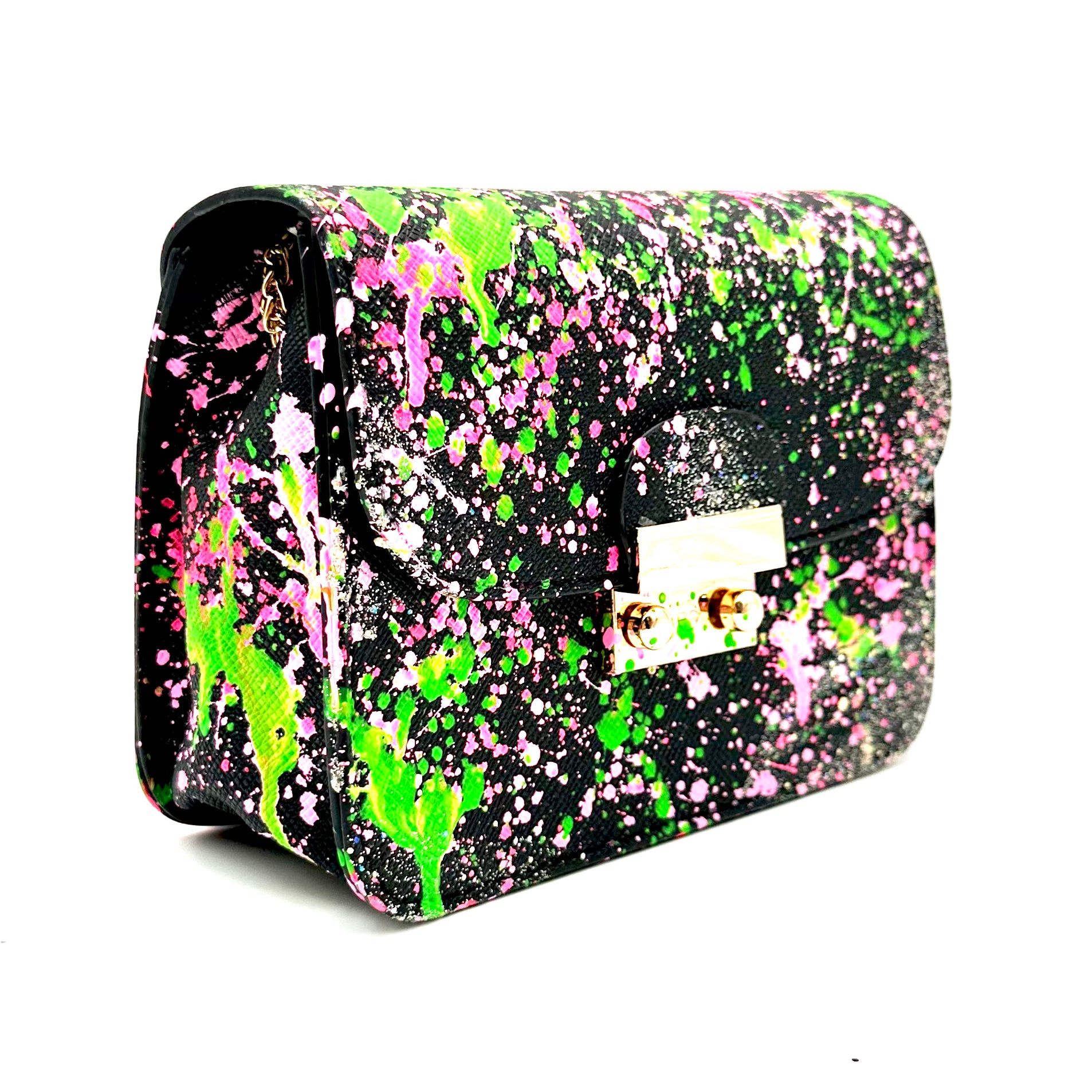 Anca Barbu Carolina Black Bag, Splashes  Green And Pink